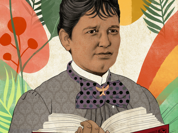 Illustration of Puerto Rican writer, Lola Rodríguez de Tió, from bust-up, holding a book open toward her. She has black, straight hair, pulled back, and a medium skin tone. She wears a gray, button-up dress, white collar, and a puffy necktie. Behind her, yellow, pink, and green leaves, and branches.