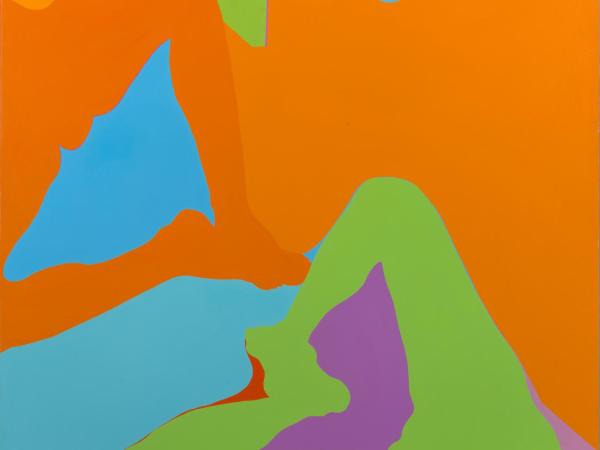 Abstract painting of two women painted in saturated contrasting colors