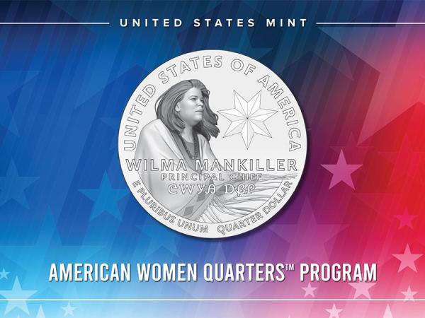 Coin depicting Wilma Mankiller, wearing a traditional shawl, and the seven-pointed star of the Cherokee Nation