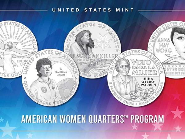 Graphic with five quarter designs featuring the women listed in this article