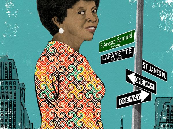 Illustration of S. Anesta Samuel standing on a New York City intersection of S. Anesta Samuel Ave., LaFayette Ave., and St. James Pl. She wears a colorful dress with swirls.