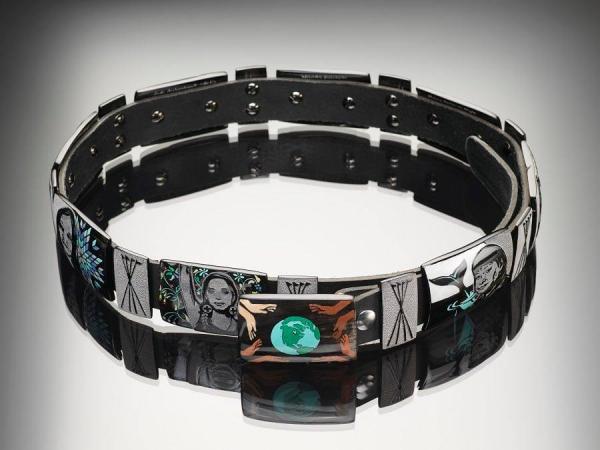  Oglala Lakota jewelry artists Kevin and Valerie Pourier crafted this concha belt out of buffalo horn that features 8 American Indian women who are advocates for Native communities.