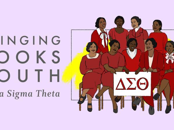 Graphic featuring video title &quot;Bringing Books: South Delta Sigma Theta&quot; and an illustration of nine college-aged Black women in suits holding a sign for their sorority.