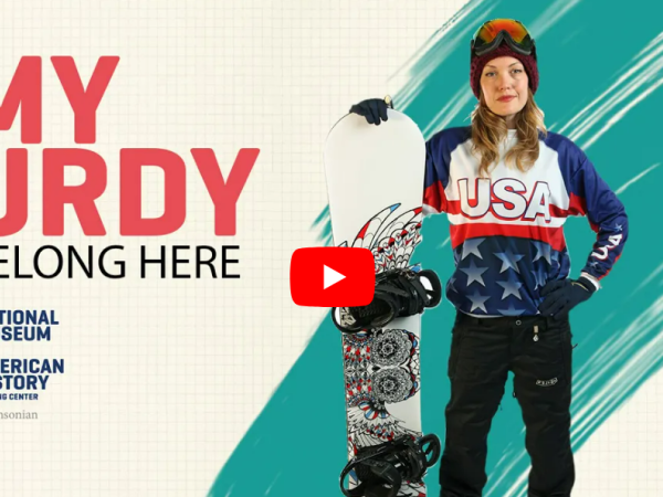 Graphic featuring a photo of Amy Purdy in snowboarding gear and holding her board. Video title in text.