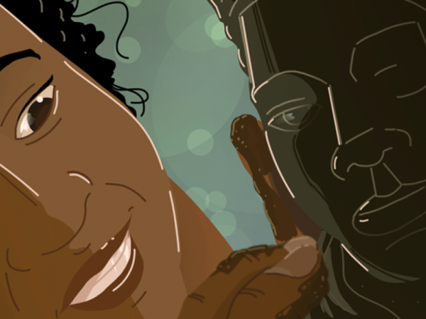 Illustration of a close-up of Augusta Savage&#039;s face as she sculpts a bust