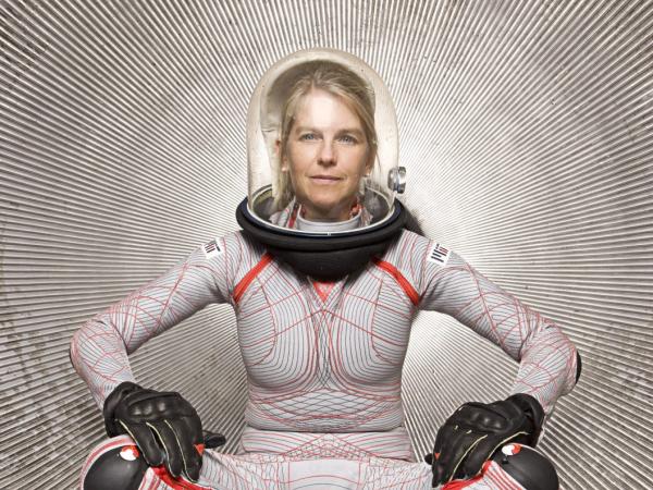 Photo of Dava Newman wearing a BioSuit