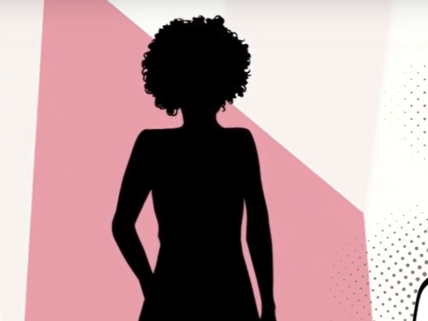 Black silhouette of a girl wearing a dress against a pink and white background