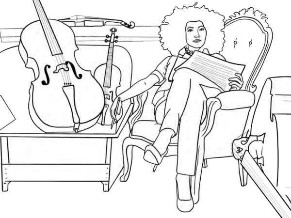 Line drawing of Esperanza Spalding sitting next to several string instruments. She holds sheet music and a pencil.