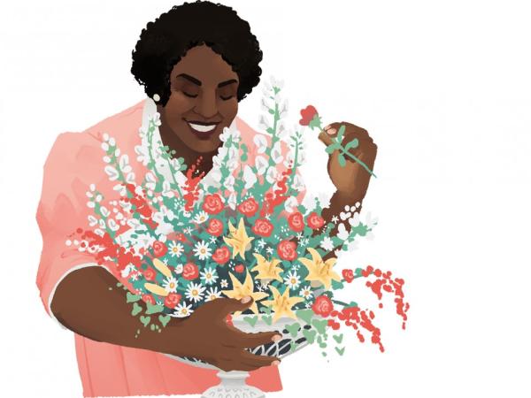 Digital painting of Ethel Earley Clark smiling as she adds a flower into an overflowing arrangement.