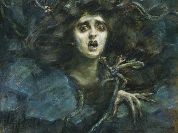 Spooky artwork of Medusa with snakes in her hair. She is breaking through stone.