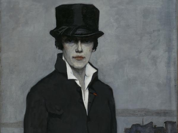 Painting of Romaine Brooks wearing a riding hat and coat, depicted in shades of black, white, and gray