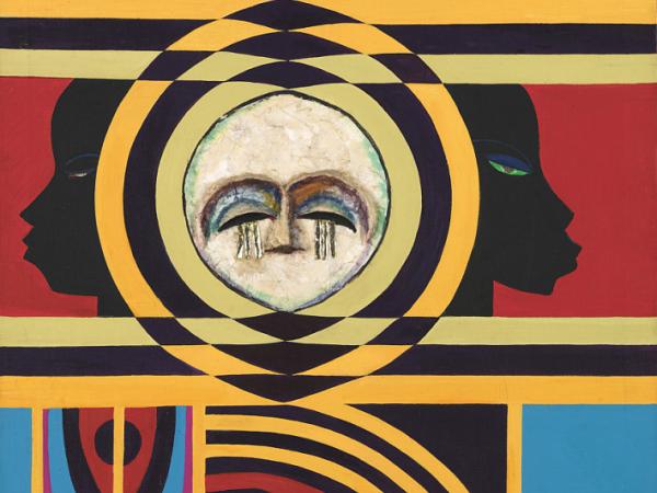 Rectangle canvas with a grid of bright patterns and shapes in blues, reds and yellows. At the center is a pale mask in a circle, with tears falling from it. It is framed by two faces in profile.