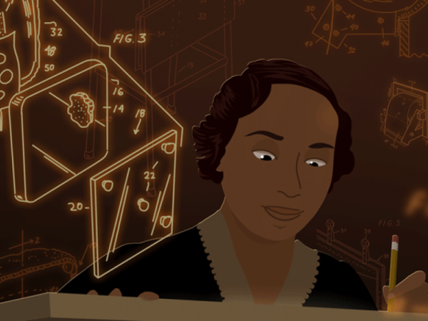 Illustration of a woman drawing with a pencil at a desk with diagrams of inventions in the background.