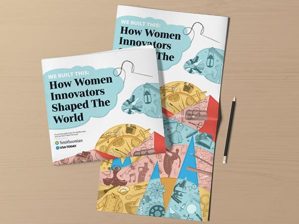 Surface with two copies of a colorful newspaper laid out and a pencil. The newspaper is titled &quot;How Women Innovators Shaped the World.&quot;