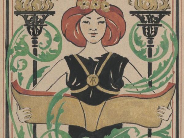   Drawing of a woman in a black dress, with gold bands across her chest and a medallion at the center with the letters AT, stands holding an open book with a gold cover. There are two lit torches behind her and green swirls.