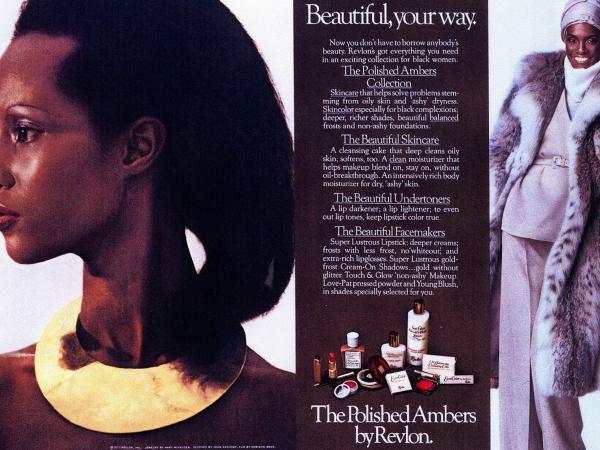 Ad for &quot;Polished Ambers by Revlon&quot; features two black women, one in profile up close and one wearing a large fur coat.