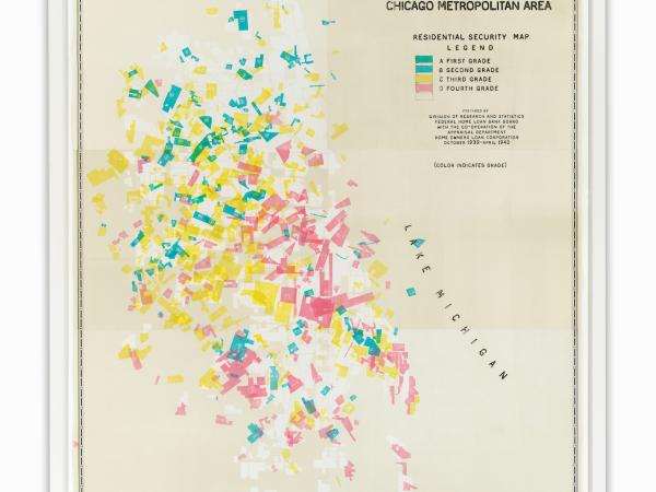 Map print of the Chicago area with neighborhoods in shown in red, yellow and green.