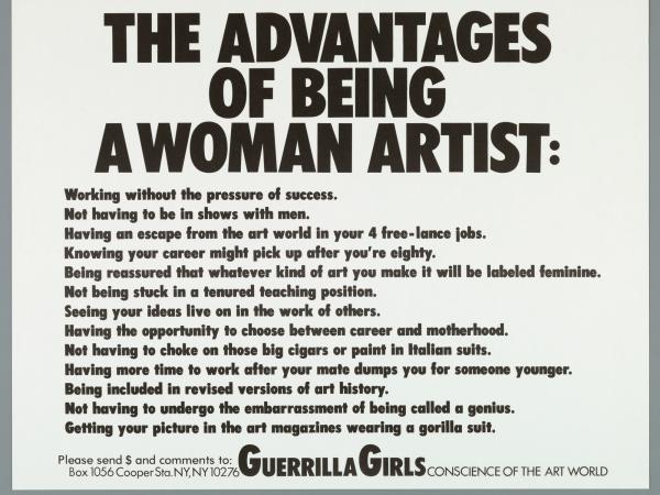 White political poster with black text titled THE ADVANTAGES OF BEING A WOMAN ARTIST