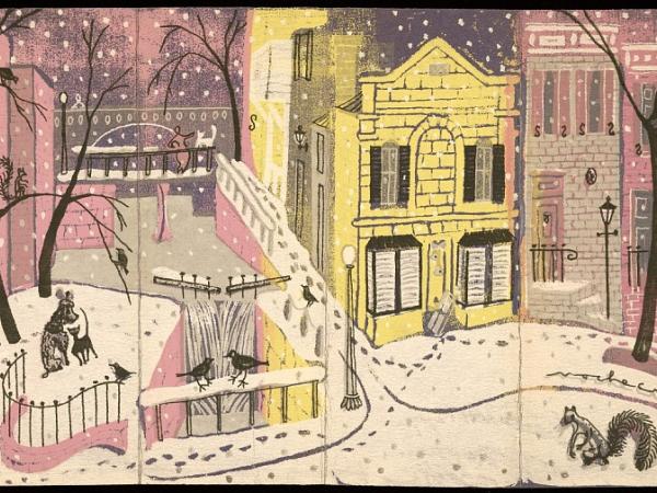 Wintry street scene with pink, grey, and yellow townhouses and falling snow