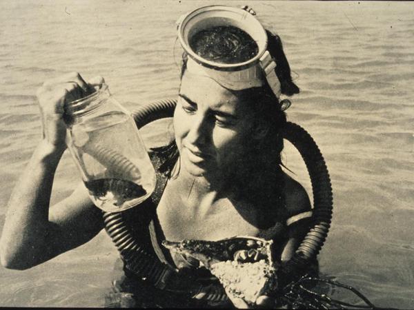 Sepia photo of Eugenie Clark - The Shark Lady