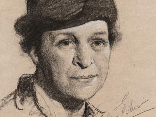 A sketched charcoal portrait of Francis Perkins from the shoulders up. She is wearing a black hat, and her signature is in the bottom right corner.