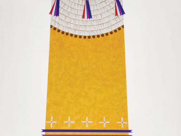 A screenprint of a dress with beading and ribbons. This print is mostly yellow with blue and  red accents. 