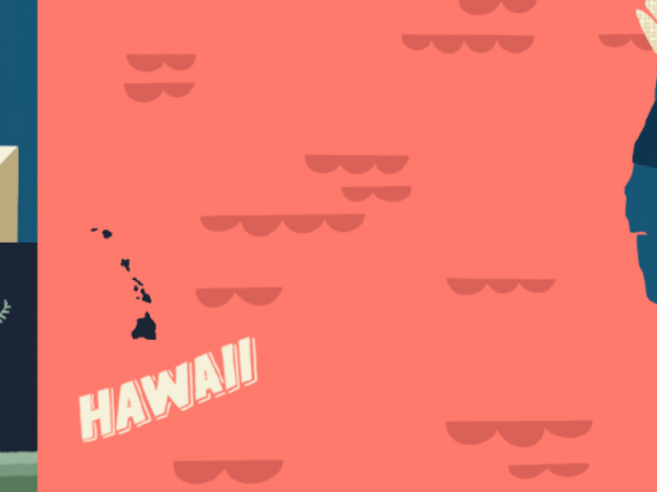 Three images: a Native Hawaiian hand placing a vote in a ballot box, a palm tree blowing in the wind, and a map locating Hawai&#039;i in proximity to the U.S. west coast with the text: Hawai&#039;i