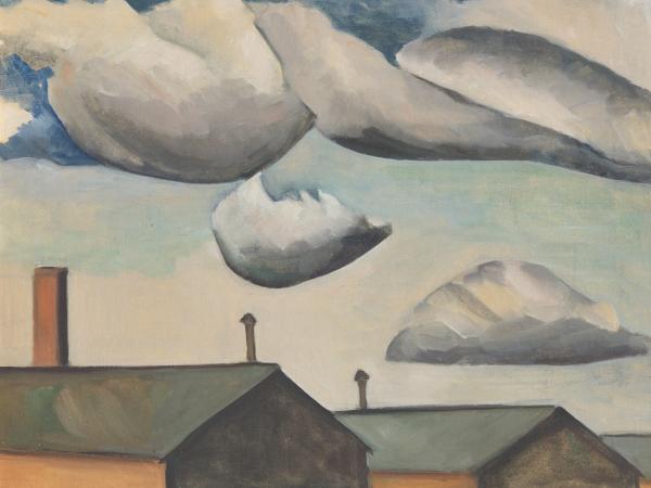 A painting of clouds moving across a blue-gray sky and the roofs of two buildings with chimneys.