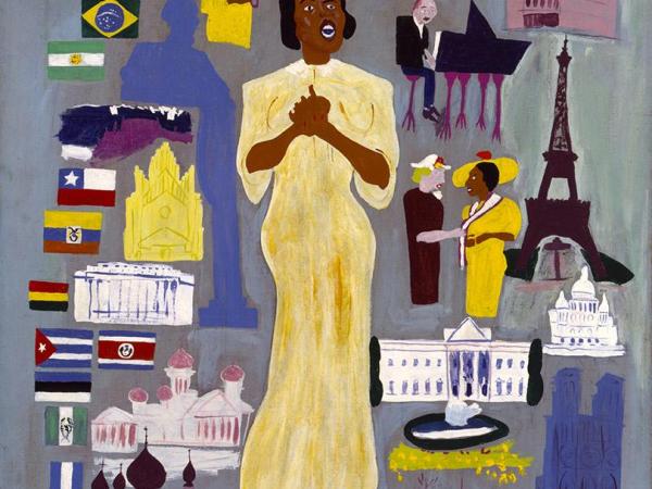 Painting of Marian Anderson singing, surrounded by smaller art of places she has traveled including the Eiffel Tower, flags of many countries, the White House, meeting Eleanor Roosevelt, and more.