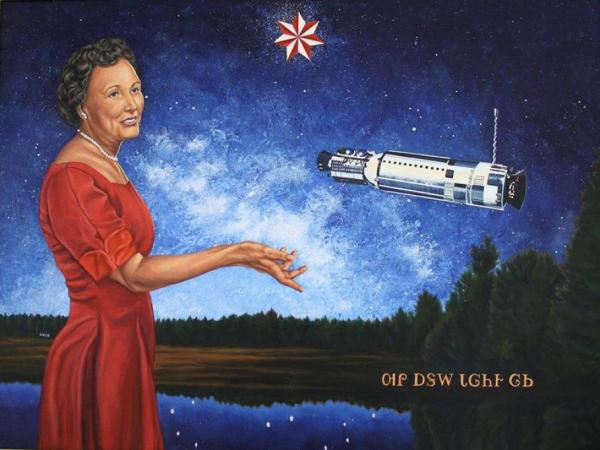 Painting of Mary Golda Ross wearing a red dress and pearls against a night sky background with a 7-point star a missile and Cherokee syllabary writing