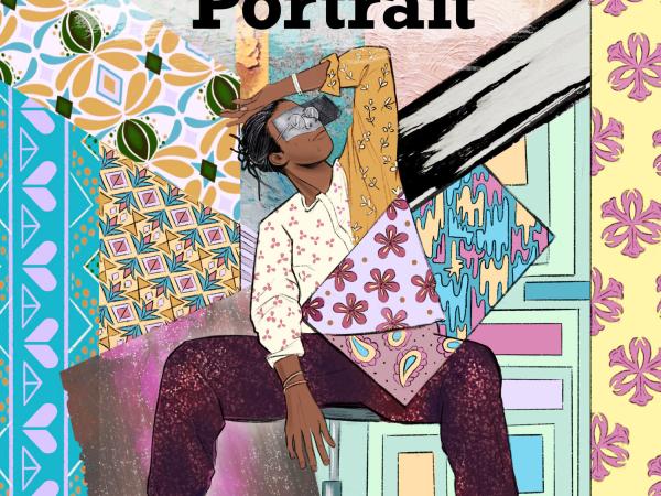 Illustration of a collage of an African American woman with glasses posing seated. Collage is made up of strips of illustrated paper with several patterns. 