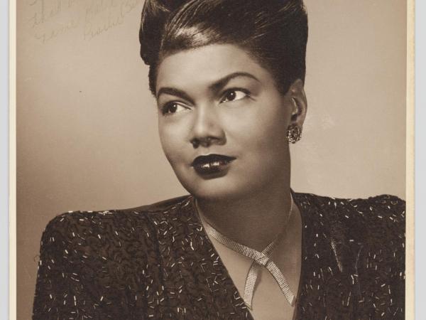 Black and white photographic portrait of Pearl Bailey