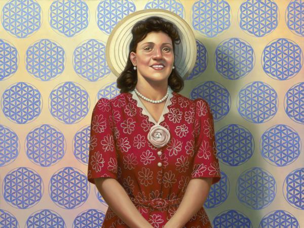 Painting of Henrietta Lacks standing against a background with a repeating geometric Flower of Life motif. She wears a hat and pearls and she holds a Bible.