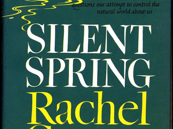 Green book cover and white text reading &quot;SILENT SPRING.&quot;