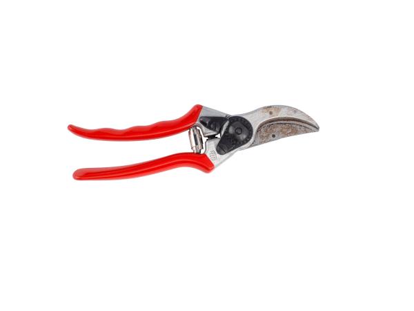 Metal pruning shears with a red plastic grip.