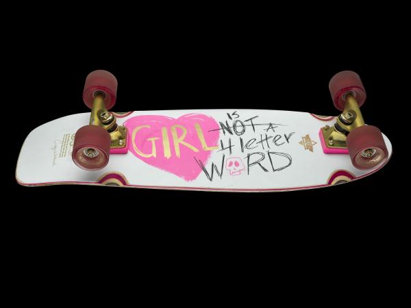  skateboard with pink heart and words girl is not a 4 letter word