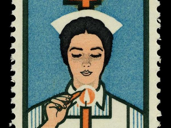 Postage stamp featuring a nurse lighting a candle