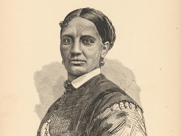 Black and white printed portrait drawing of Elizabeth Keckly on aged paper. Book cover is visible.