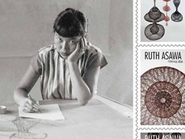 Stamp sheet with a photo of Ruth Asawa at her desk and stamps featuring her hollow wire sculptures