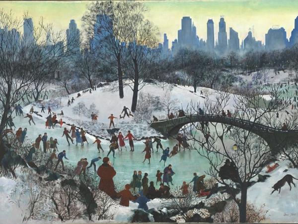 Groups skate on a crowded river and sit on snow-covered banks with a Manhattan skyline in the background