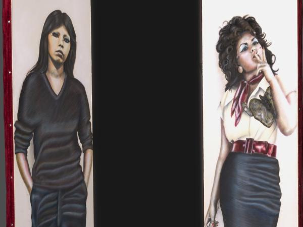 Two life-size colored pencil drawings of the same woman in two outfits - one conservative, one colorful and form-fitting - flank a mirror where the viewer can see themselves reflected in the middle.