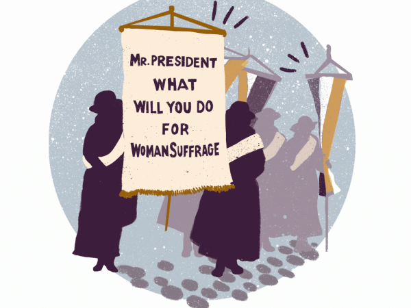 Animation of silhouettes of women with large hats and long dresses on the street. The women in the foreground hold a banner that reads "Mr. President What Will You Do For Woman Suffrage" and the women in the background hold banners.