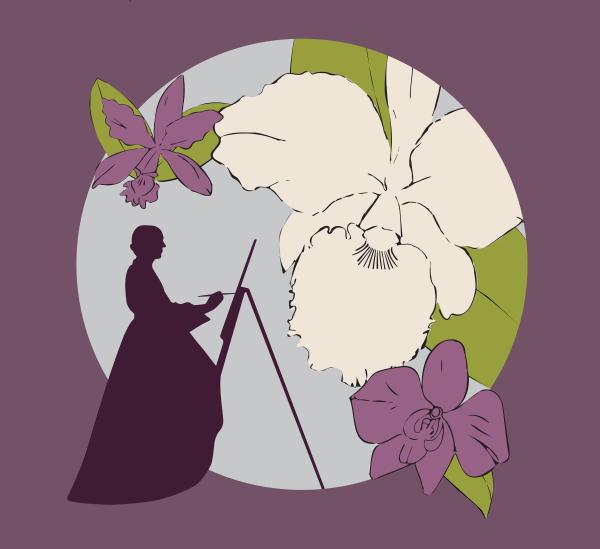 Silhouette of woman painting against a backdrop of orchid illustrations