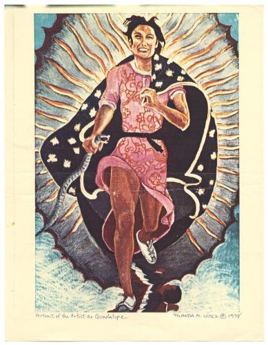 Art of Yolanda M. López as the Virgin of Guadalupe. She wears running shoes and holds a snake in one hand. In the other hand she holds a wide piece of fabric that fans out behind her.