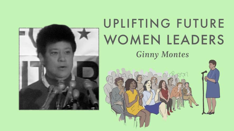 Graphic featuring a black and white photo of Ginny Montes speaking into a microphone, the video title, and an illustration of Montes speaking to a group of seated women.