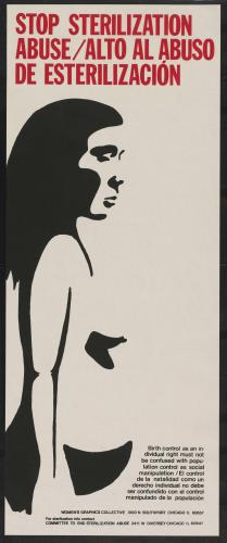 Printed poster with silhouette of a nude pregnant woman and words in red: Stop Sterilization Abuse/ Alto al abuso de esterilizacion