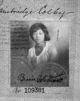 Bessie Coleman’s passport photo with her signature at the bottom