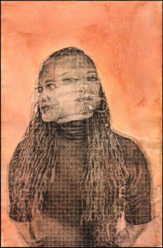 A black ink stamped pattern of the head and torso of Ava DuVernay simultaneously looking forward and to the left on a grid with a light orange background.