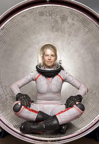 Photo of Dava Newman wearing a BioSuit