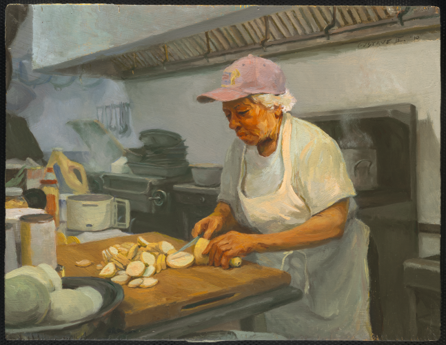 Painting of Leah Chase cutting a yellow squash in a restaurant kitchen